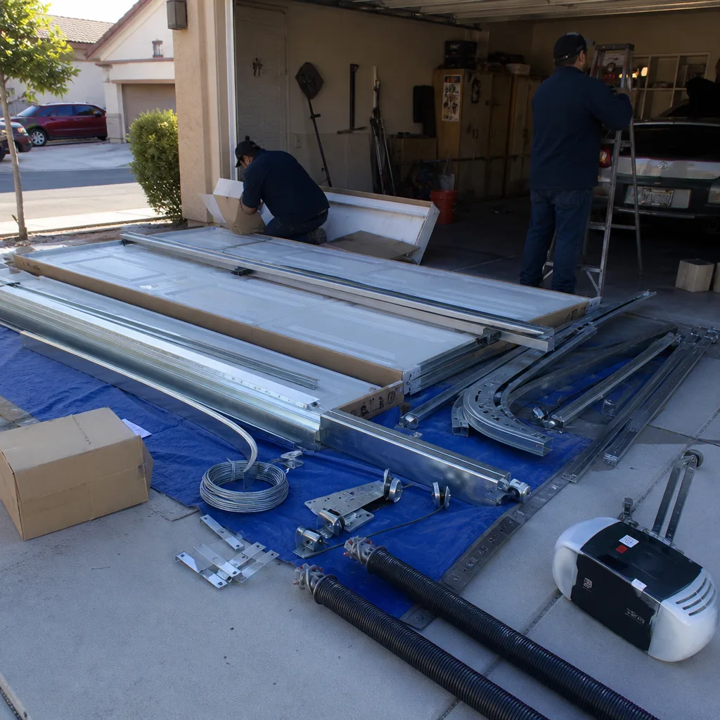 Technicians preparing parts for professional garage door installation