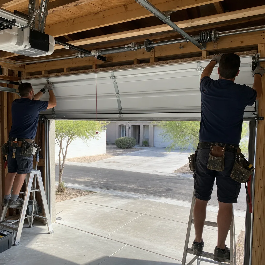 Two professional technicians installing a new residential garage door