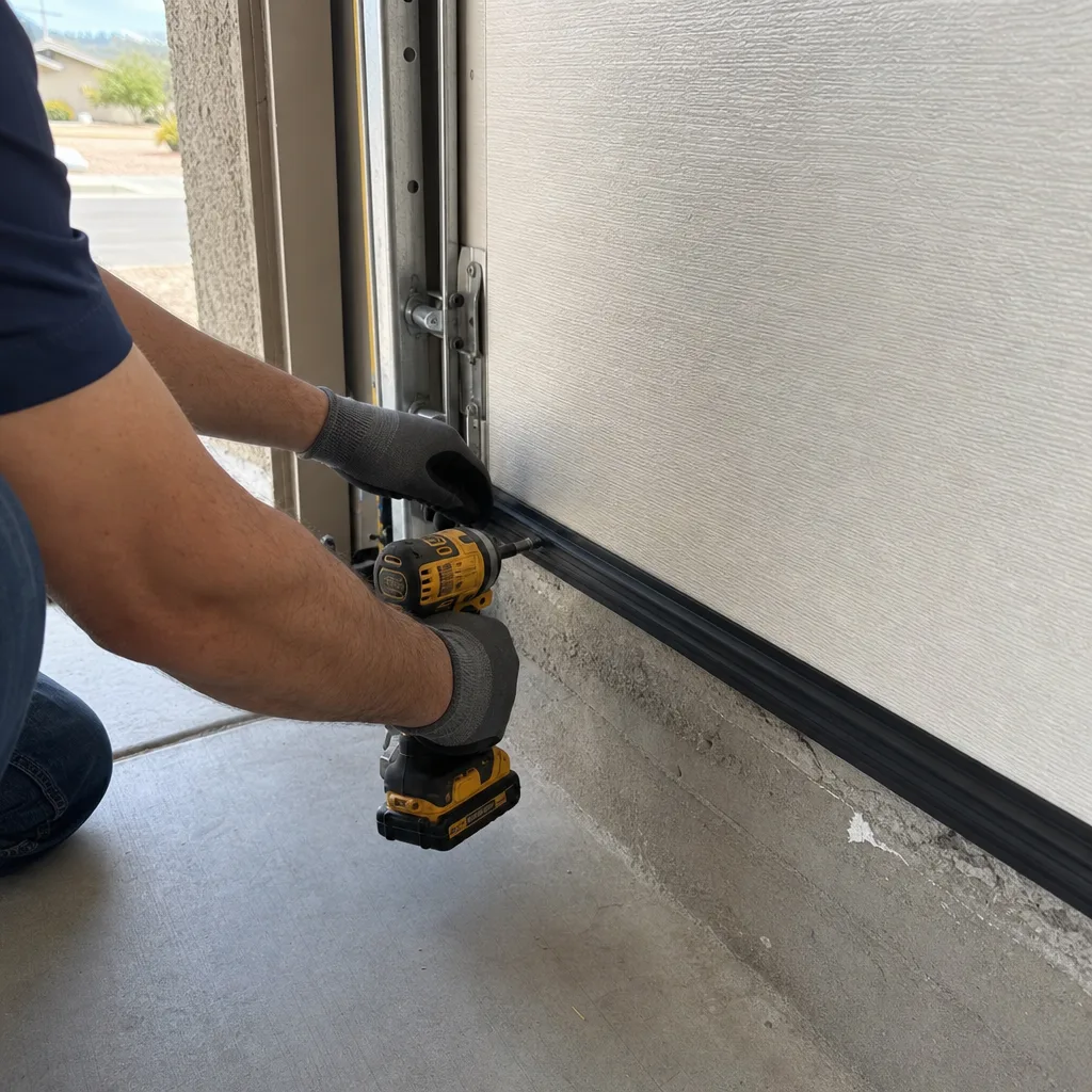 Technician using a power drill to install garage door bottom seal