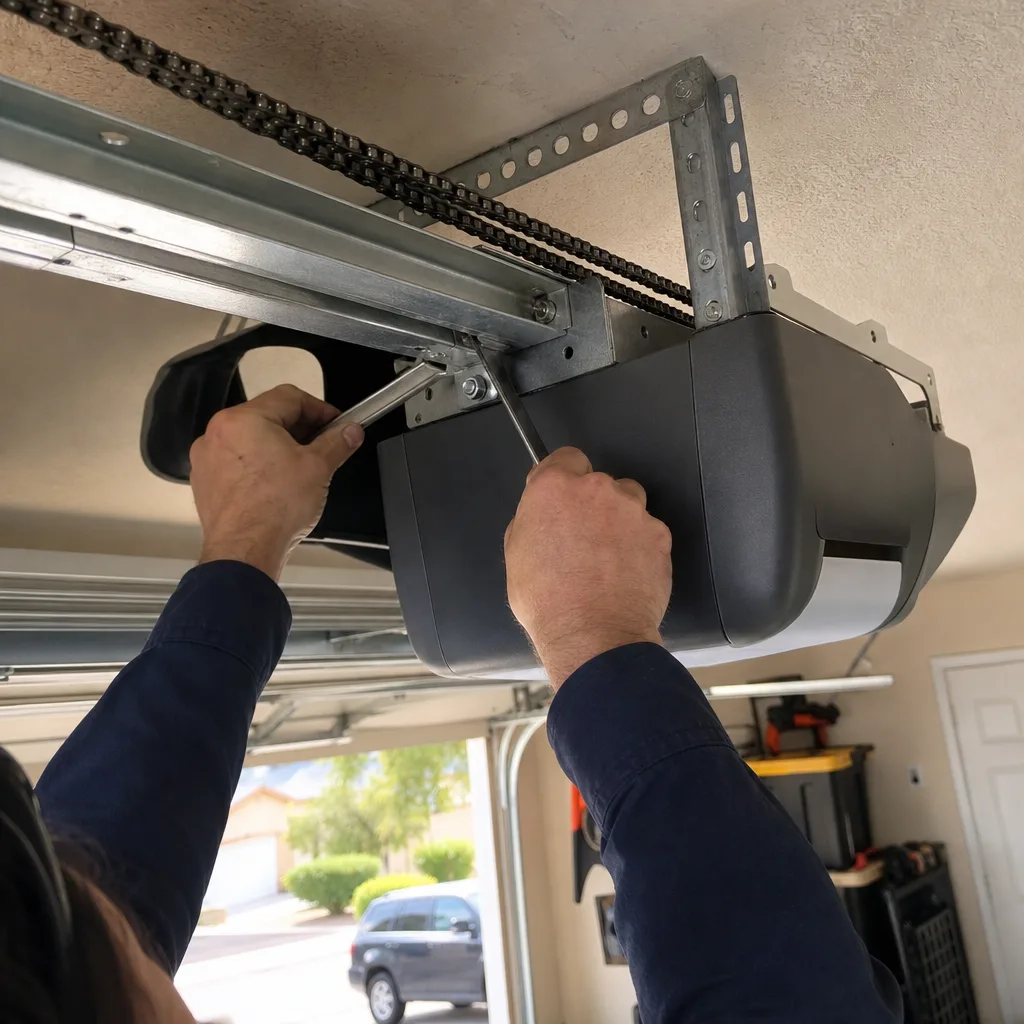 Technician performing professional garage door opener repair on ceiling unit nationwide