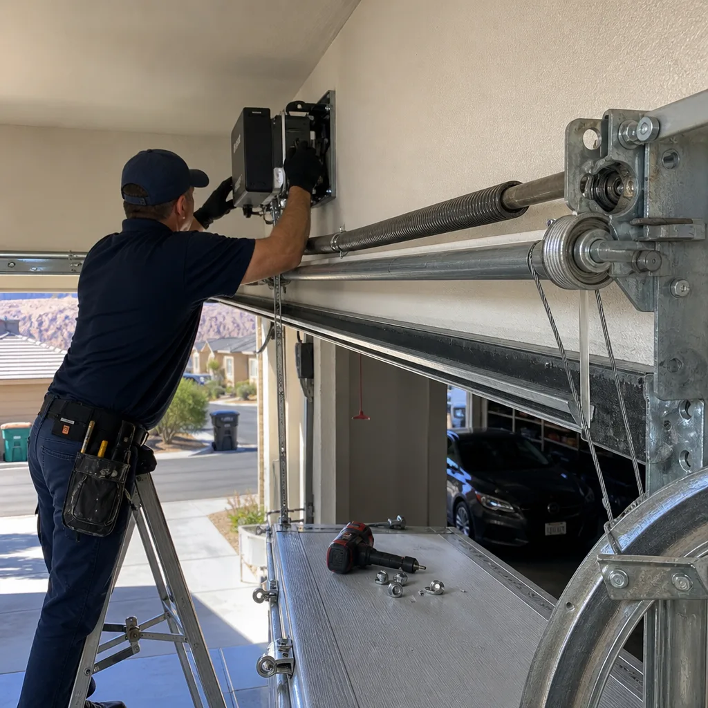 Technician performing professional garage door opener repair service nationwide