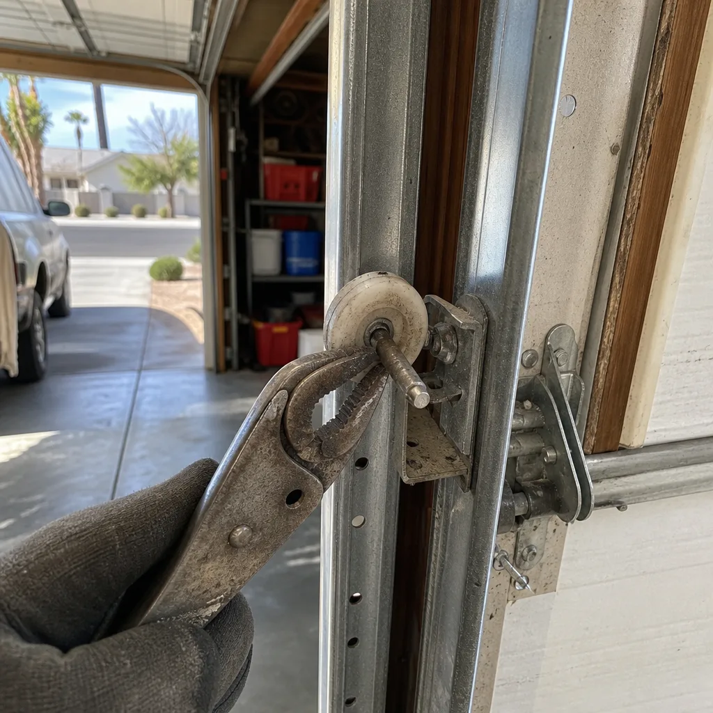 Hand using pliers to repair a garage door roller mechanism.