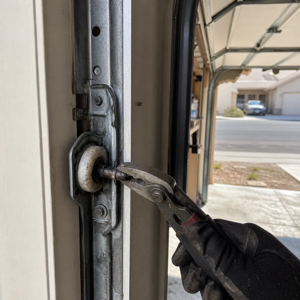 Hand using pliers to repair a garage door roller in track