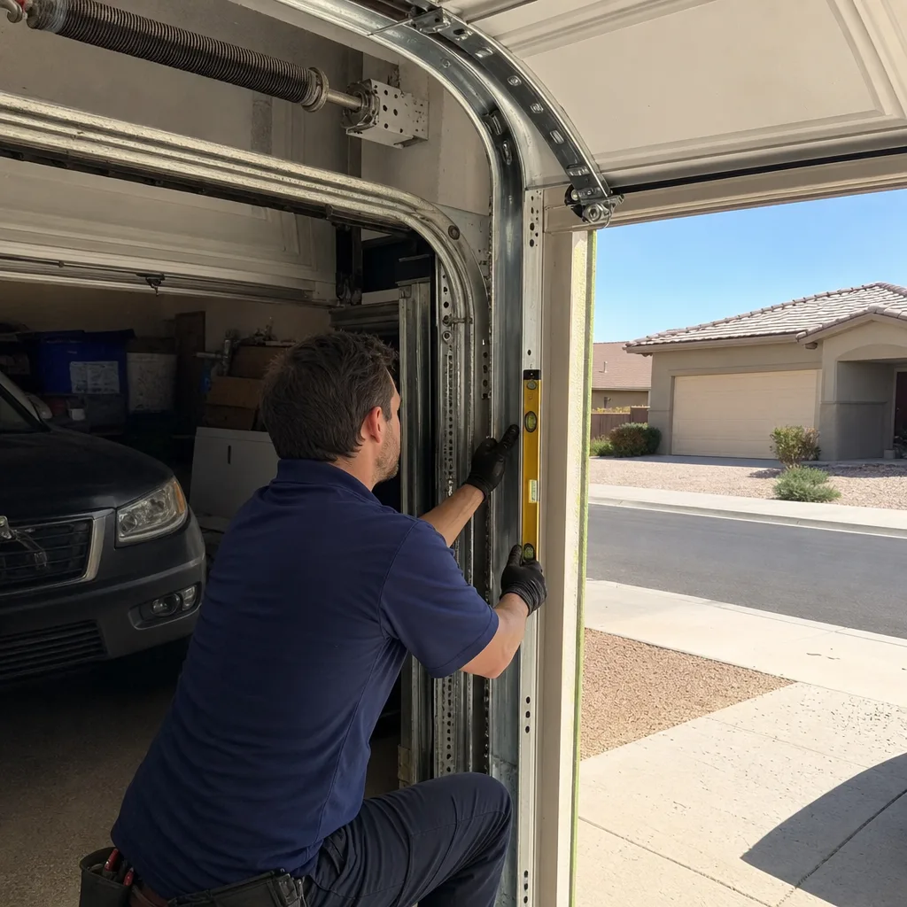 Technician using a level to repair a garage door track in Las Vegas, NV