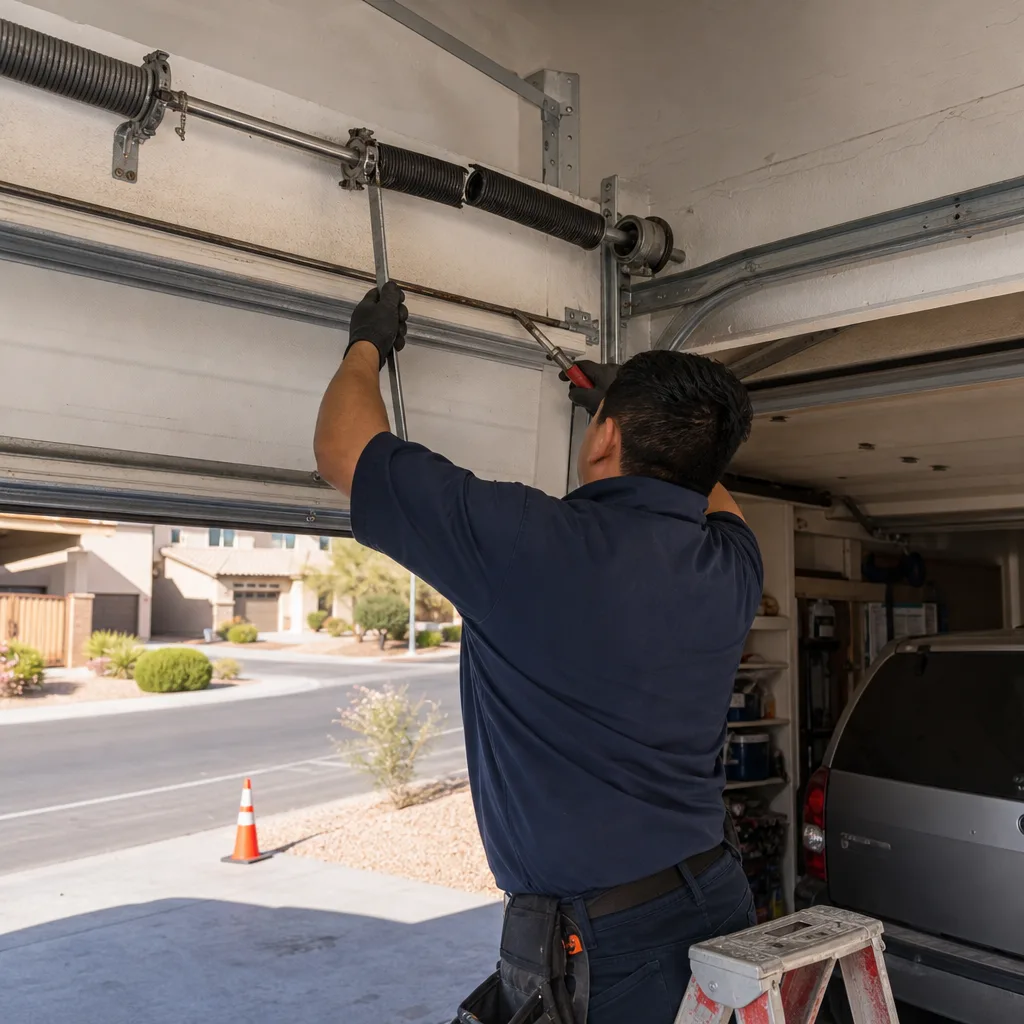 Technician performing professional garage door spring repair and maintenance nationwide